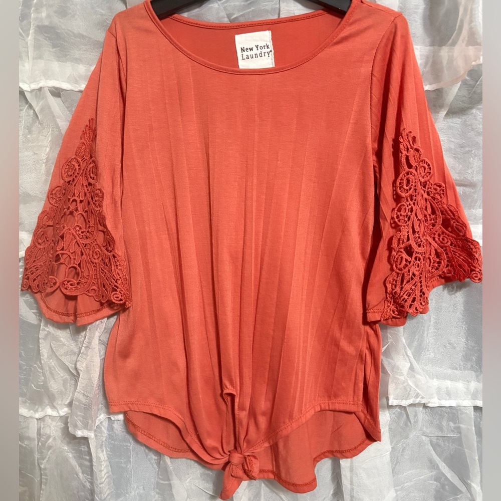 New York Laundry Women's Rust Blouse with Crochet Sleeves